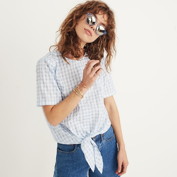 Madewell Tops - Madewell Button - Back Tie Tee Light Blue White Gingham Check Size Medium